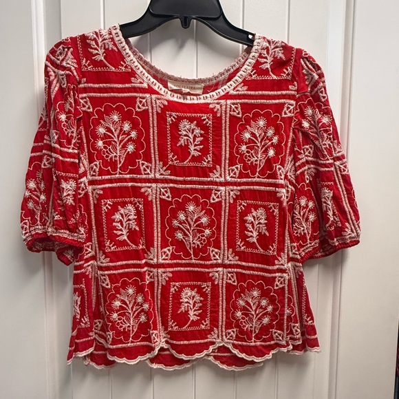 Anthropologie Tops - Solitaire Anthropologie Medium Red Embroidered Boho Blouse Scalloped Coquette